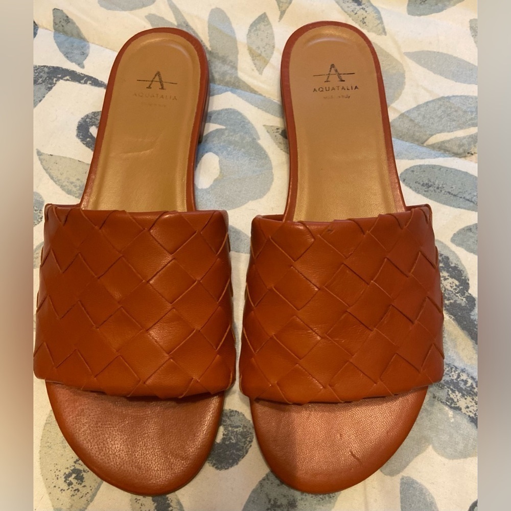 AQUATALIA Womens Brown Woven Block Heel Slip On Leather Slide Sandals 7.5